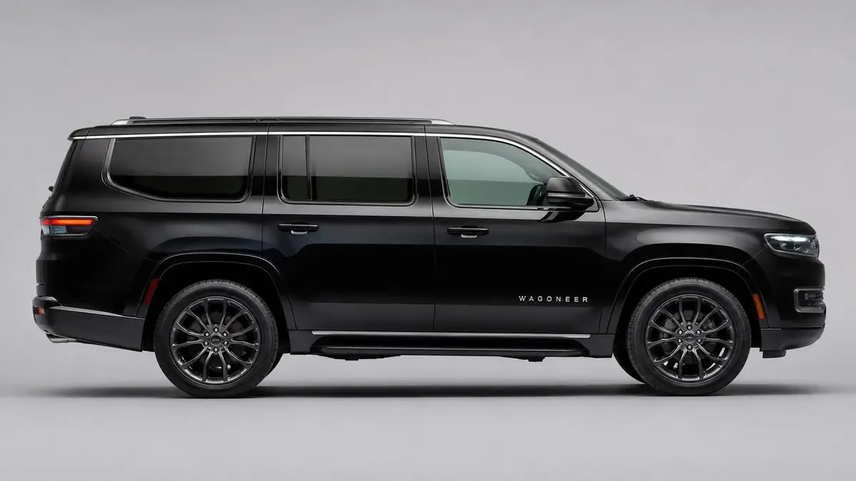 Black Jeep Wagoneer in side profile on a grey studio background