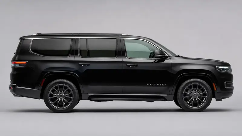 Black Jeep Wagoneer in side profile on a grey studio background